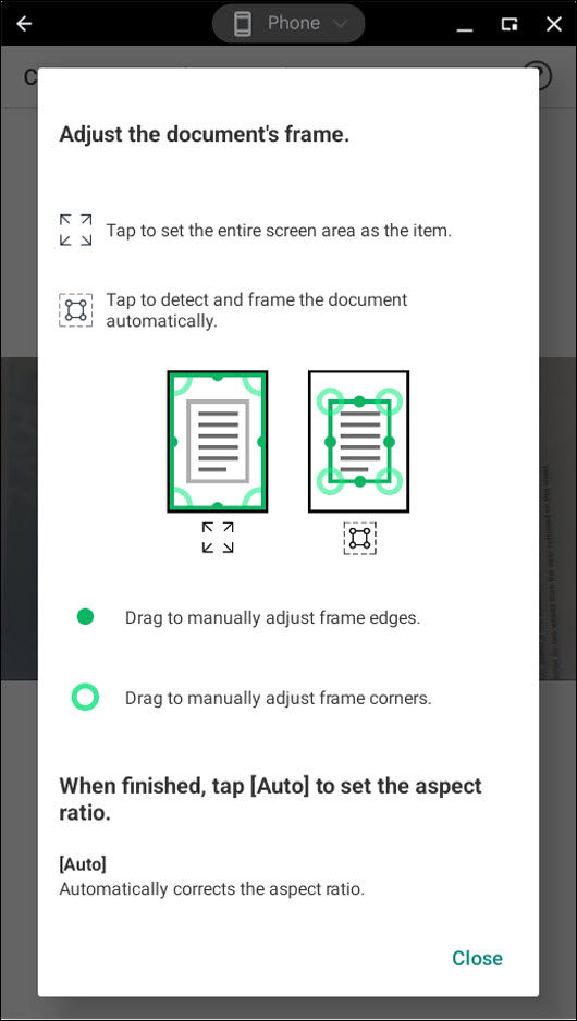 Select Close to close the perspective correction information