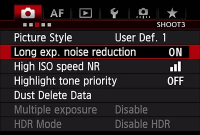 Camera Menu - Long Exposure Noise Reduction Setting
