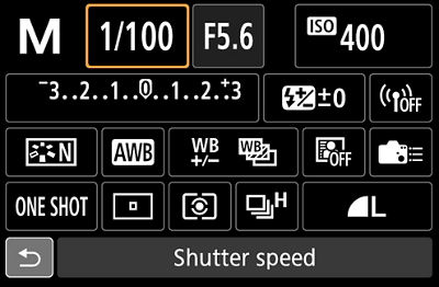 Camera screen showing settings including shutter speed