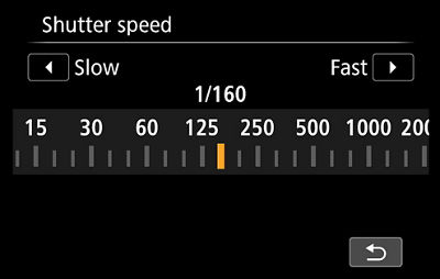 Camera screen showing shutter speed adjustment