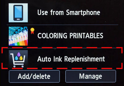 Printer menu with "Auto Ink Replenishment" highlighted