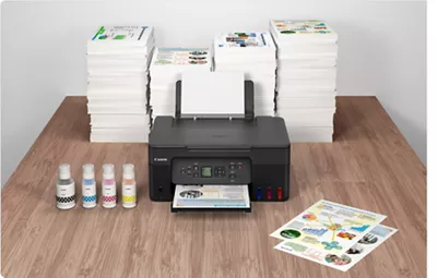 PIXMA G3272 - Front View in Front of Many Stacks of Printed Flyers