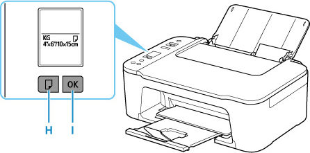 Press the Paper Select button (H) to select a paper size according to the paper loaded in the rear tray and press the OK button (I)