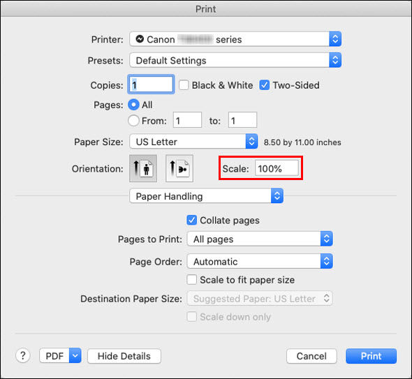 Scaled Printing (macOS) - TS3120 / TS3122