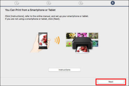 You Can Print from a Smartphone or Tablet screen: Click Next (outlined in red) to proceed