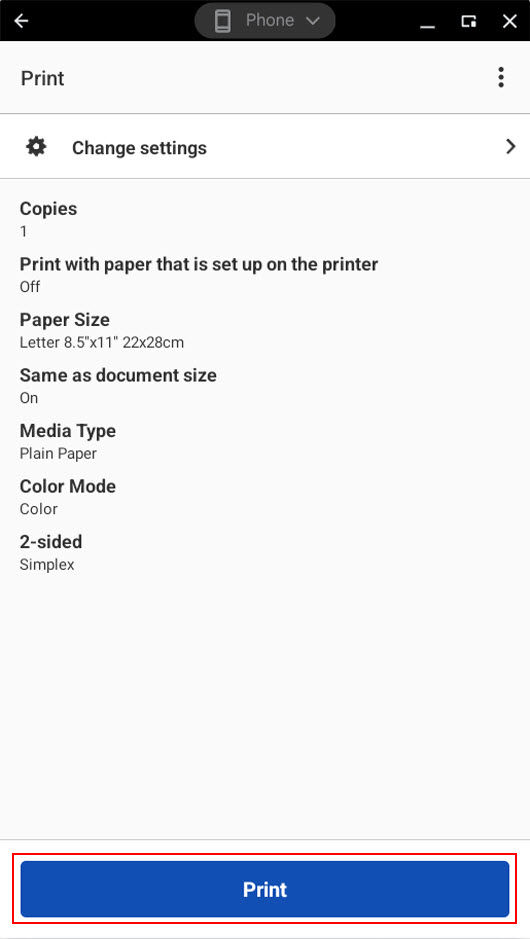 Tap or click Print (outlined in red) to print. Tap or click Change settings if you want to specify the paper size, type, or number of copies