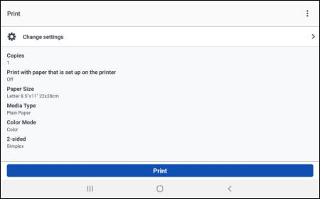 Tap Change settings to adjust any settings as needed, or tap Print (outlined in red) to start printing