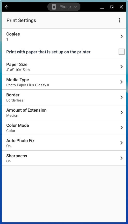 Print Settings screen