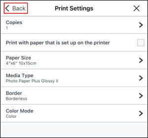 Adjust any settings as needed, then tap Back (outlined in red) to proceed with the settings specified