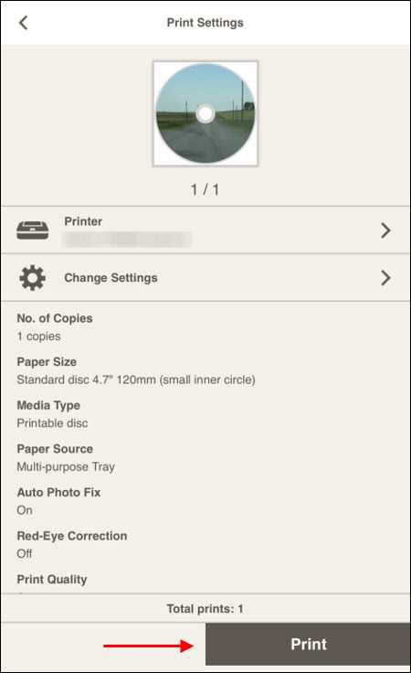 You can choose a different printer if desired, or change the print settings. Tap Print to begin printing