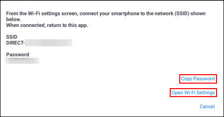 Tap Copy Password (outlined in red), then tap Open Wi-Fi Settings (outlined in red)