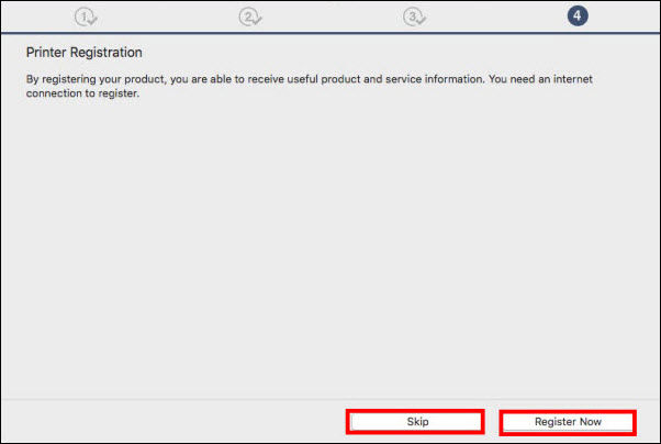 Printer Registration screen: Click Skip or Register Now (outlined in red)