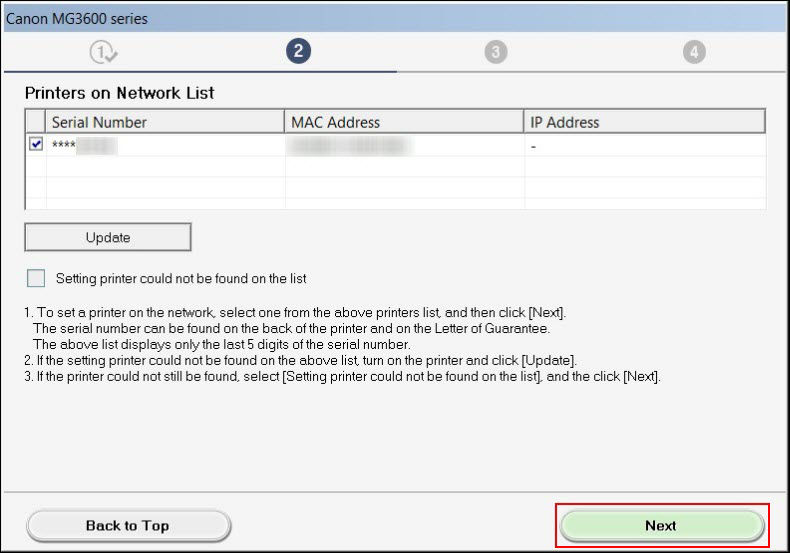 Make sure the printer is selected, then select Next (outlined in red)