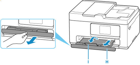 Pull out the paper output tray (I) and open the paper output support (J)