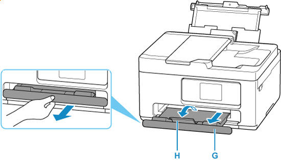 Pull out the paper output tray (H) and open the paper output support (I)