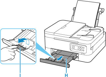 Pull out the paper output tray (H) and open the paper output support (I)