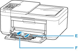 Pull the paper output support (E) and open the output tray extension (F)