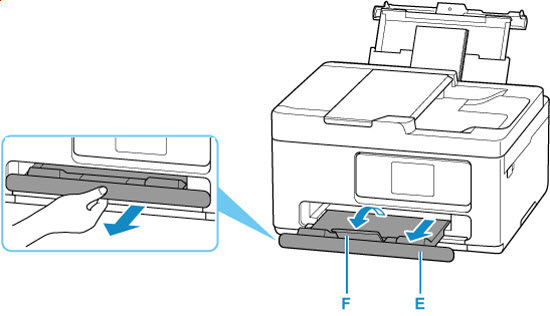 Pull out the paper output tray (F) and open the paper output support (G)