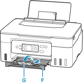 Pull out the paper output tray (F) and open the output tray extension (G)
