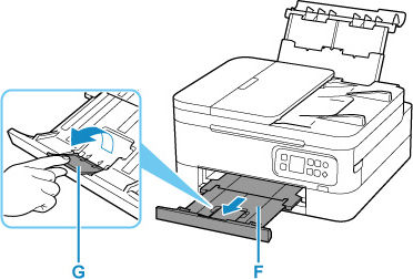 Pull out the paper output tray (F) and open the paper output support (G)