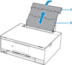 rear tray cover (A) open and paper support (B) extended