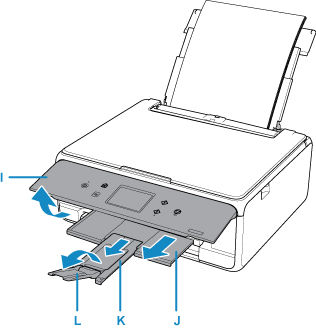 Figure shows operation panel (I), paper output tray (J), paper output support (K), and output tray (L) all extended.