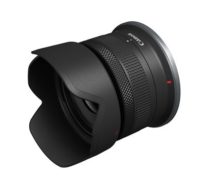 Canon RF-S 18-45mm F4.5-6.3 IS STM - Front Slant Left with Lens Hood