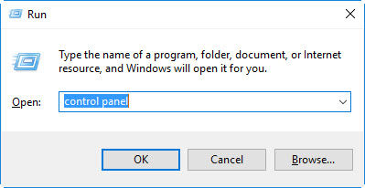 Run dialog box with "control panel" typed into the Open: field