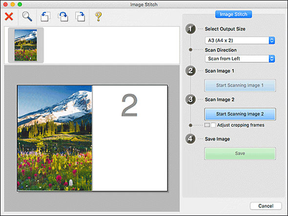 IJ Scan Utility Lite (macOS) - Image Stitch Window - GX7020