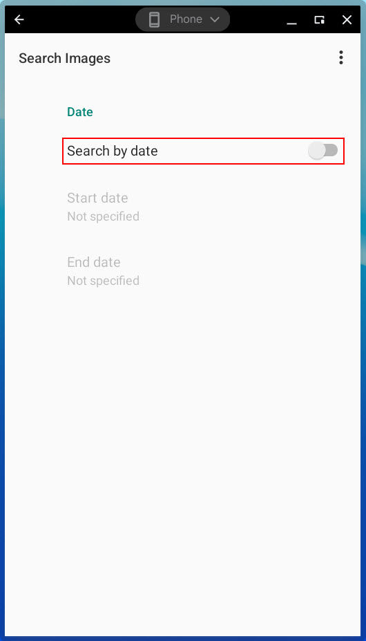 Tap the switch for Search by date (outlined in red) to specify a start and end date for photos you want to display