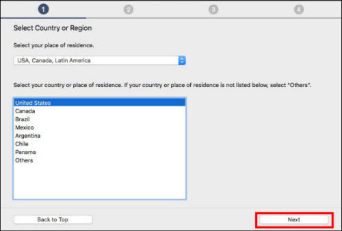 Select your country or region, then click Next (outlined in red)