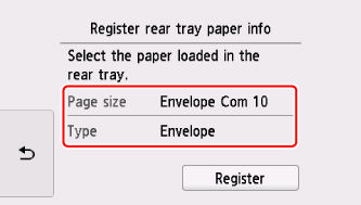 paper registration screen with: Page size - Envelope Com 10, Type: Envelope selected