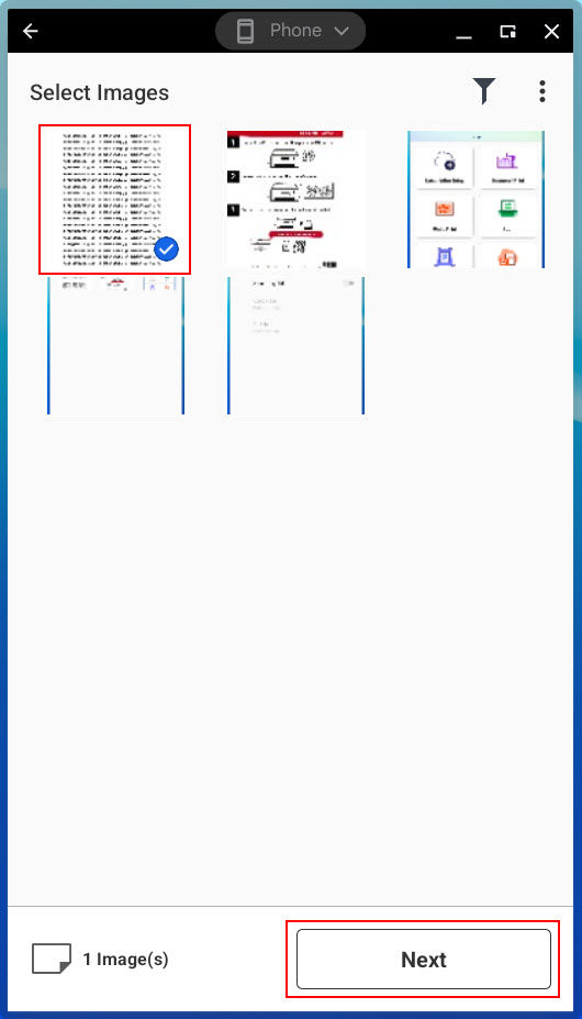 After selecting the image(s) to print, tap or click Next (outlined in red)