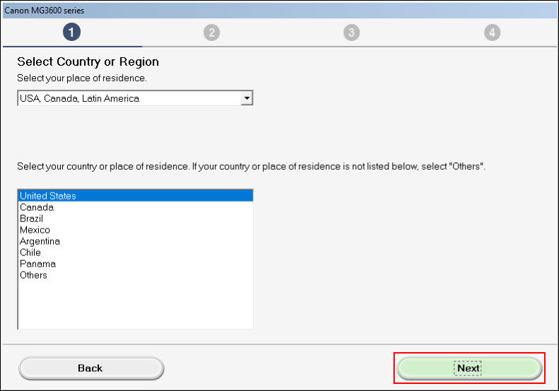 Select your place of residence, then select Next (outlined in red)