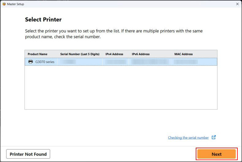 Select the printer, then click Next (outlined in red)