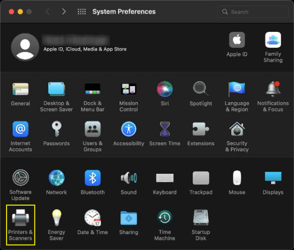 Select Printers & Scanners (outlined in yellow)