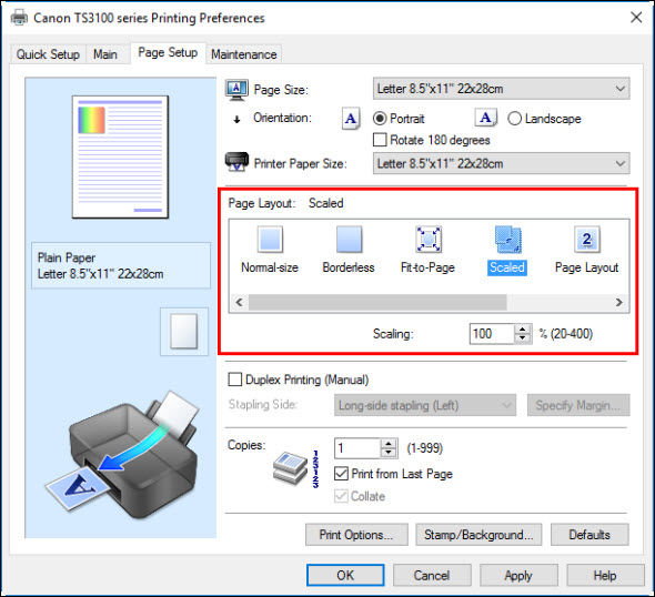 Scaled Printing (Windows) - TS3120 / TS3122