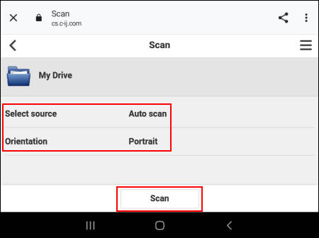 Tap Select source, Orientation, or Scan (outlined in red)