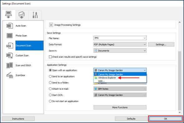 Choose another program from the drop-down menu to the right of Open with an application. Then, click OK (outlined in red).