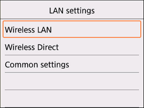 LAN settings screen: Select Wireless LAN