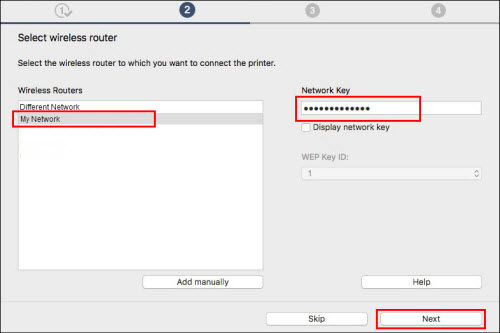 Select wireless router screen: Select your network, enter the network key into the field provided, click Next (outlined in red)