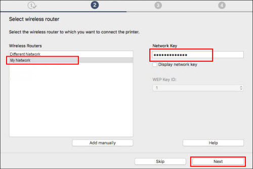 Select wireless router screen. Network name, Network Key entry field and Next button outlined in red