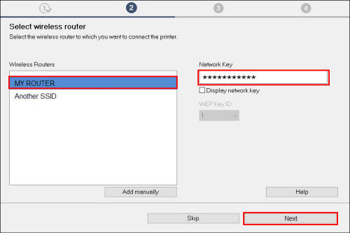 Select wireless router screen. My Router, Network Key entry field, and Next button are outlined in red