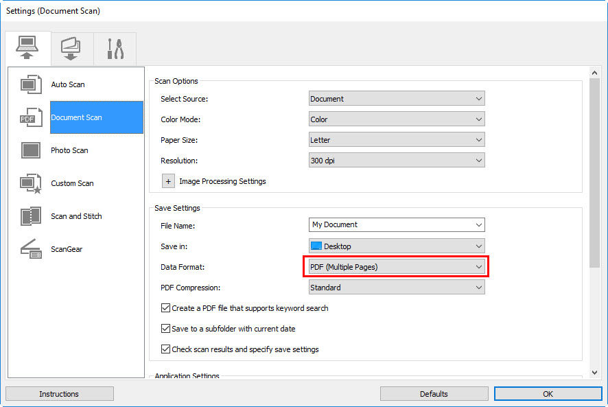 Image: Settings - Document Scan screen with PDF - Multiple Pages highlighted