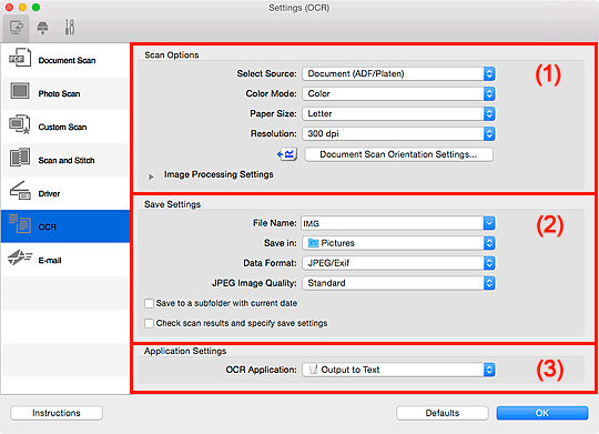 IJ Scan Utility (macOS) - Settings (OCR) Dialog (MB2120 / MB2720)