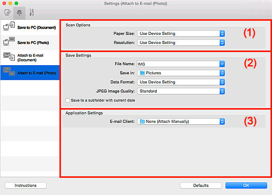 IJ Scan Utility (macOS) - Settings (Attach to E-mail (Photo)) Dialog