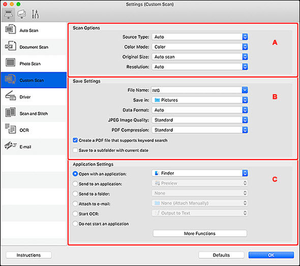 IJ Scan Utility Lite - Settings (Custom Scan) Dialog - TR8620