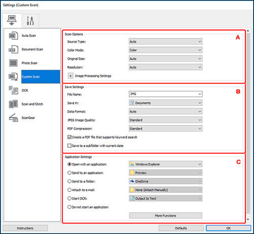 IJ Scan Utility (Windows) - Settings (Custom Scan) Dialog Box - TS6320