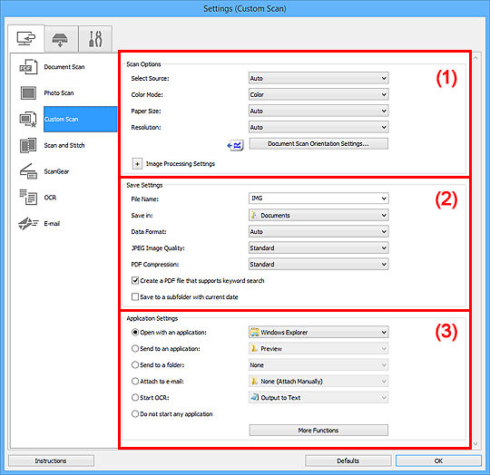 IJ Scan Utility (Windows) - Settings (Custom Scan) Dialog Box