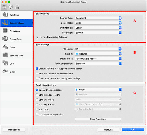 IJ Scan Utility Lite (macOS) - Settings (Document Scan) Dialog - GX6020